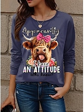 ieftine Umor &amp; Citate tricou-Pentru femei Tricou Animal Scrisă Modă Modern Casual Manșon Lung Stil Nautic Topuri obișnuite Zilnic Sfârșit de săptămână Imprimeu Albastru piscină Toamnă Iarnă