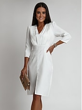 preiswerte Kleider für die Arbeit-Damen Arbeitskleidung Etuikleid Elegant B¨¹ro Täglich Midikleid Rüschen Gespleisst V Ausschnitt Langarm Glatt Regular Fit Schwarz Weiß Khaki Herbst S M L XL 2XL
