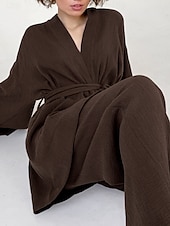 billige Selskapskjoler til dame-Dame Pyjamas Sett Fritid Komfort Ren farge Blondér Elastisk midje Kjole Topp Bukse Hjem Daglig Langermet V-hals Hvit Blå Brun Sommer Vår Høst Normal