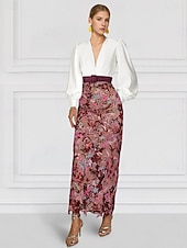billige GRØNN-Sheath  Kolonne Kveldsdrakt Elegant Kjole Formell Bryllup Ankellengde Lange Ermer V-Krage Belte  Sash Paljett med Slisse Broderi Applikasjoner