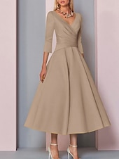 voordelige Vloerlengte-Strand Bruiloft A-Lijn Gouden Jurken Moeder van de Bruid Jurk Bruiloft Gast Elegante Vintage Plus Size V Hals Thee Lengte Satin 3/4 Lengte Mouw met Plissé dress to impress 2025 gratis op maat gemaakt