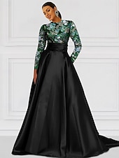 preiswerte GRÜN-A-Linie Abendkleid elegantes Kleid formelle Hochzeit bodenlang langarm Rundhals Champagner Mutter der Braut Kleid Satin mit Schlitz Stickerei Applikationen 2025
