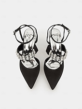 cheap Formal-Women&#039;s Black Satin Pointed Toe Heels – Rhinestone Embellished Ankle Strap Chunky Heels for Evening Parties and Weddings