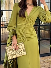 levne Party šaty-Dámské Maxi šaty Bodycon Smaragdově zelené šaty Elegantní Svatební host Rande Běžný Bez vzoru Dlouhý rukáv Do V Trávová zelená Léto Jaro