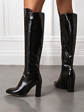 baratos Botas da moda-botas femininas pretas de couro envernizado até o joelho com saltos altos, design elegante para uso noturno moderno e ocasiões especiais
