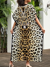 billiga Kaftans-Dam Badkläder Täck Över Baddräkt UV-skydd Semester Standkläder Grafisk Leopard Rund hals Kort ärm Baddräkter