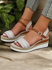 levne Sandály na dovolenou-dámské boho sandály na platformě s copánkovými pásky a kamínkovými akcenty - pohodlné letní boty na klínku pro běžné výlety
