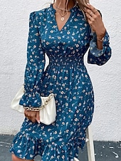 preiswerte Lässige Blumenkleider-Damen Normal Midikleid Chiffon-Kleid Elegant Vintage Täglich Verabredung Regular Fit Blumen Graphic Langarm V Ausschnitt Schwarz Marineblau Blau Frühling Herbst