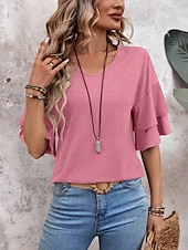 billige Plain t-skjorte-Dame T skjorte عادي Mote Moderne Fritid 3/4 ermer V-hals Vanlige topper Daglig Helg Drapering Rosa Navyblå Kakifarget Sommer Vår