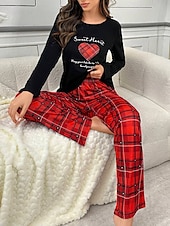 billige Nattøy for damer-Dame Pyjamas Sett Fritid Komfort Comfrt Hjerte T skjorte Bukse Hjem Langermet Crew-hals Rød Vår Høst Vinter