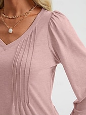 cheap Plain tee-Women&#039;s Shirt Blouse Solid Color Basic Casual Long Sleeve V Neck Regular Tops Daily Ruched Smocked Pink Blue Green Summer Spring