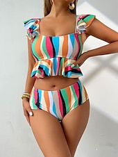 billiga Bikiniset-Dam Badkläder Bikini 2 st Kalsonger Baddräkt Volang Öppen rygg Hög midja Smal Semester Standkläder Rand V-hals Ärmlös Baddräkter