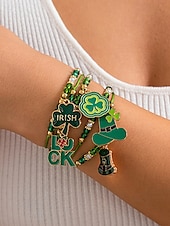 billige Damearmbånd-st. patrick&#039;s day lucky charm armbånd – irsk grønn beaded stretch armbåndsett for kvinner, festlig ferietilbehør med shamrock og bokstavdetaljer