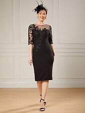 abordables Longueur du thé-Robe fourreau  colonne Robe mère de la mariée Élégante encolure illusion longueur genoux courte  mini tissu extensible en dentelle manches demi avec perles broderie robe de jour de course