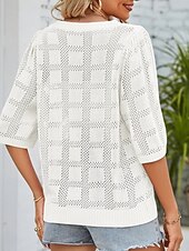 お買い得  単色-女性用 ニット カジュアル ソフト ピュアカラー リブ クルーネック ニット 七分袖 レギュラートップス ニット アウトドア 日常 週末 ホワイト ピンク 春 秋