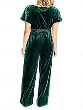 abordables combinaisons décontractées-Femme Normal Combinaison mode Couleur unie Manche Courte Col V Cordon Soirée Travail Ample Noir Vert Printemps