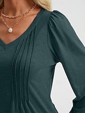 cheap Plain tee-Women&#039;s Shirt Blouse Solid Color Basic Casual Long Sleeve V Neck Regular Tops Daily Ruched Smocked Pink Blue Green Summer Spring