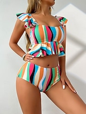 billiga Bikiniset-Dam Badkläder Bikini 2 st Kalsonger Baddräkt Volang Öppen rygg Hög midja Smal Semester Standkläder Rand V-hals Ärmlös Baddräkter