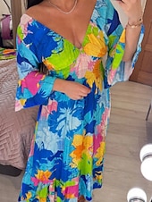 abordables Robes de vacances-Femme Robe Maxi Robe casual Robe Évasée Robe Trapèze Décontractées du quotidien Standard Floral Manches 3/4 Col V Rose Claire Bleu Vert Eté Printemps Automne