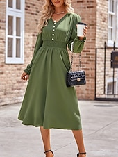 preiswerte Kleider für die Arbeit-Damen Midikleid Casual kleid A Linie Kleid Stilvoll Basic Brautkleider schlicht Urlaub Täglich Regular Fit Glatt Langarm V Ausschnitt Schwarz Armeegrün Sommer Frühling
