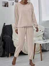 cheap Women&#039;s Sleepwear-Women&#039;s Pink Fleece Pajamas Nighty Pjs Sets 2 Pieces Pure Color Sport Simple Comfort Party Home Street Warm Gift Long Sleeve Hoodie Pant Elastic Waistband Winter Fall Home Outfits