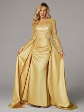 preiswerte Sekt-Meerjungfrau Abendkleid Elegantes Kleid Karneval Maskerade bodenlang langärmlig Illusions-Ausschnitt Champagner Brautmutter Kleid Satin mit Perlen Überrock
