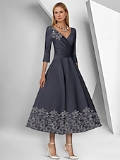 preiswerte Bodenlänge-A-Linie Kleid Strandhochzeit Brautmutterkleid Elegant Einfach V-Ausschnitt Knöchellänge Tee-Länge Satin 3/4-Länge Ärmel mit Spitze geraffte Pailletten Derby Kleid Renntag Kleid 2025