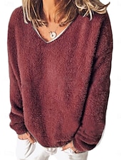 preiswerte Strickjacken und Oberbekleidung-Damen Hemd Bluse Feste Farbe Basic Brautkleider schlicht Langarm V Ausschnitt Normale Oberteile Täglich Patchwork Wein Blau Grau Frühling &amp; Herbst