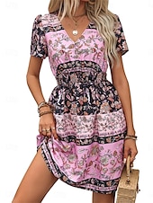 levne Boho šaty-Dámské Dlouhé šaty Maxi šaty Volnočasové šaty Boho šaty stylové Na běžné nošení Dovolená Párty Denní Volný Grafika Krátký rukáv Do V Černá Léto Jaro