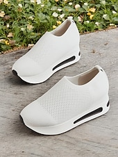 billige Sneakers til kvinner-hvite slip-on-strikkede joggesko for kvinner med pustende mesh og skjult hæl - lette fritidssko for turgåing og hverdagsbruk