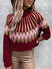 voordelige Grafische patronen en details-Dames Trui Casual Zacht Kleurenblok Geribd Strakke ronde hals Gebreid Lange mouw Normale tops breien Buiten Dagelijks Weekend Rood Groen Herfst Winter