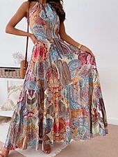 levne Boho šaty-Dámské Maxi šaty Volnočasové šaty Boho Chic šaty Boho šaty Čechy Roztomilý stylové Dovolená Denní Plážové Volný Grafika Bez rukávů Krk ohlávky Rubínově červená Vodní modrá Léto Jaro Podzim