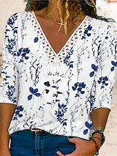 billige Kunst &amp; Design t-skjorte-Dame Skjorte Bluse Blomstret Fritid Langermet V-hals Vanlige topper Daglig Blonde Lapper Trykt mønster Rosa Blå Lyseblå Vår &amp; Vinter