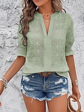 preiswerte Spitzenoberteile-Damen Hemd Bluse Feste Farbe Basic Brautkleider schlicht Halbe Ärmel Gekerbter Hals Normale Oberteile Täglich Bestickt Weiß Rosa Grün Sommer Frühling &amp; Herbst