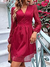 abordables Robes de travail-mini robe à carreaux à col en V pour femme à manches longues été printemps