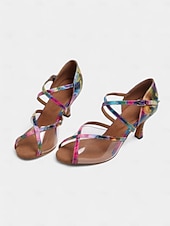 baratos Sapatos de Dança Latina-sapatos de dança latina coloridos e vibrantes para mulheres com sola de camurça macia e tira transparente | perfeitos para prática e apresentações