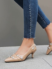 ieftine Tocuri kitten-pantofi de damă eleganti din piele artificială neagră | împodobit cu nit, perfect pentru lucru și petreceri