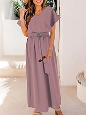 levne Květinové šaty-Dámské Maxi šaty Swingové šaty Elegantní šaty Elegantní stylové Na běžné nošení Dovolená Denní Volný Bez vzoru Krátký rukáv Do V Černá Světlá růžová Námořnická modř Léto