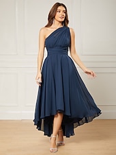 billiga Bröllopsgästklänningar-A-linjeformade bröllopsgästklänningar elegant klänning formell te-längd ärmlös en axel höst bröllopsgäst chiffong med rynkor
