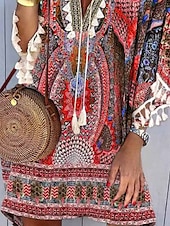 ieftine Rochii Boho-Pentru femei Rochie Mini Rochie casual Rochie Boho Stilat Casual Vacanță Zilnic Fit regulat Floral Lungime Manșon 3/4 În V Roșu-aprins Vară Primăvară