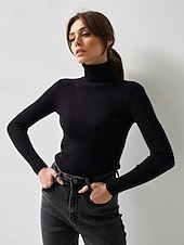 abordables Couleurs unies-Femme Pull Chandail Décontractées Flexible Couleur monochrome A côtes Col Roulé Tricoté manche longue Hauts réguliers Tricoter Extérieur du quotidien Fin de semaine Noir Blanche Automne Hiver
