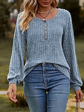 billige Kvinne Enkle Topper-Dame T skjorte عادي Mote Moderne Fritid Langermet Crew-hals Vanlige topper Daglig Helg Knapper Rosa Blå Kakifarget Sommer Vår