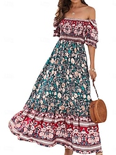 olcso Alkalmi virágos ruhák-Női Maxiruha hétköznapi ruha Boho elegáns ruhák Boho ruha Csehország aranyos stílus Stílusos Vakáció Napi Tengerpart Laza öltözet Grafika Rövid ujjú Aszimmetrikus Rubin Medence Lóhere Nyár Tavasz Ősz