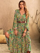 billige Boho-kjoler-Dame Maxikjole Uformell kjole Boho-kjole Fritid Lanterne Erme Hjem Arbeid Daglig Normal Grafisk Langermet V-hals Blå Grønn Regnbue Sommer Vår Høst Vinter