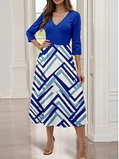 abordables Robe Rayée et Géométrique-Robe midi femme Robe en A Robe décontractée Robe semi-formelle Robe de travail Fit régulier Géométrique Manches 3/4 Col en V Bleue Été Printemps Automne
