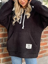 baratos Moletons e moletons-Mulheres Pulôver Moletom Com Capuz Tecido Quente Roupa de rua Casual Manga Longa Com Capuz Tops regulares Casual Patchwork Preto Verde cáqui Primavera Outono Inverno