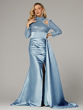 preiswerte GRÜN-Meerjungfrau Abendkleid Elegantes Kleid Formelle Sweep  Brush Train Lange Ärmel Hoher Hals Satin mit Perlen Pailletten