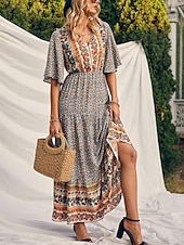 levne Boho šaty-Dámské Maxi šaty Volnočasové šaty Swingové šaty Áčkové šaty Boho šaty Na běžné nošení Denní Běžný Květinový Poloviční rukáv Do V Žlutá Rubínově červená Vodní modrá Léto Jaro Podzim