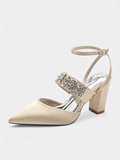 cheap Formal-Women&#039;s Black Satin Pointed Toe Heels – Rhinestone Embellished Ankle Strap Chunky Heels for Evening Parties and Weddings