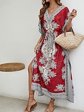 billiga Bohemklänningar-Dam Maxiklänning Vardagsklänning Boho Chic klänningar Boho-klänning bohemliv söt stil Stylish Semester Dagligen Strand Lös passning Grafisk Kortärmad V-hals Rubinrött Blå Sommar Vår Höst